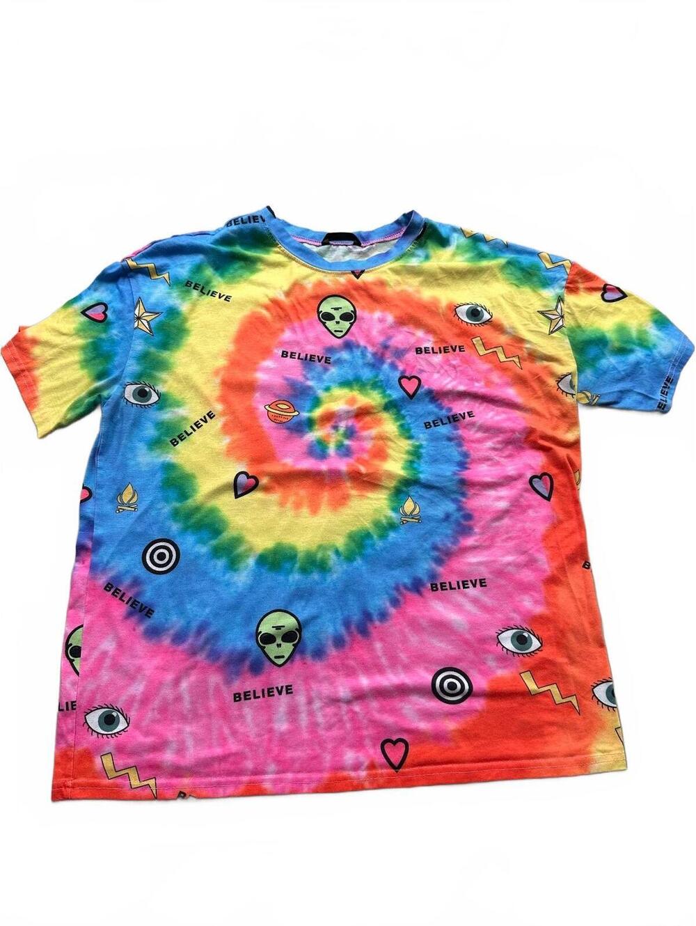 SHEIN Tie-Dye Colorful Graphic T-Shirt with Alien and Eye Print, Size Large
